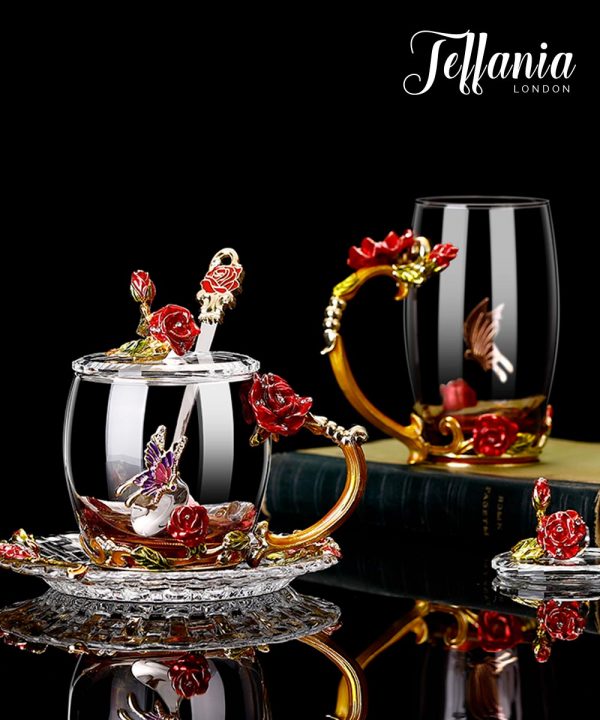 Luxury Unique Set Glass Tea Cup Royal Coffee Mug Red Rose Modern Enamel  Gift Box